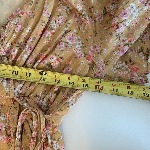 Camellia Brown V Neck Mini Floral Dress W/ Side Ties Size Large - Picture 12 of 12